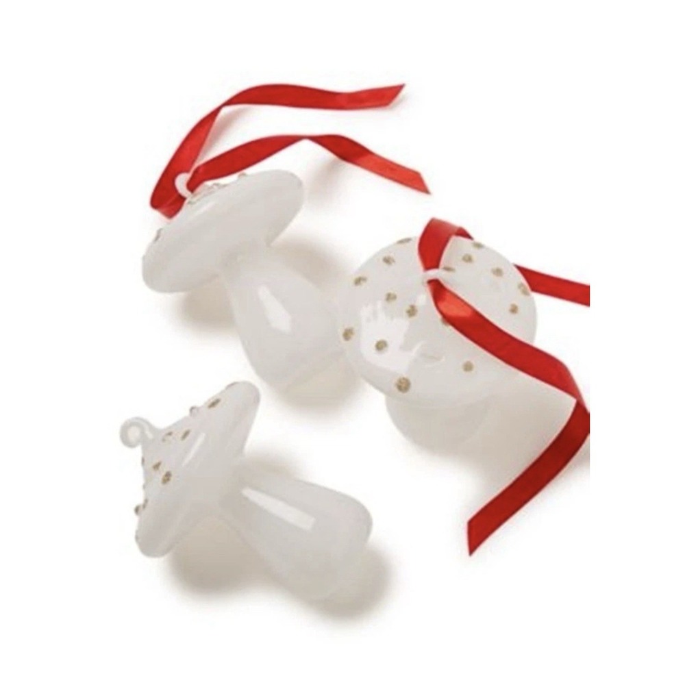 Holiday Lane Macy's Mushroom White Glass‎ Christmas Ornaments Set Of 3 NIB